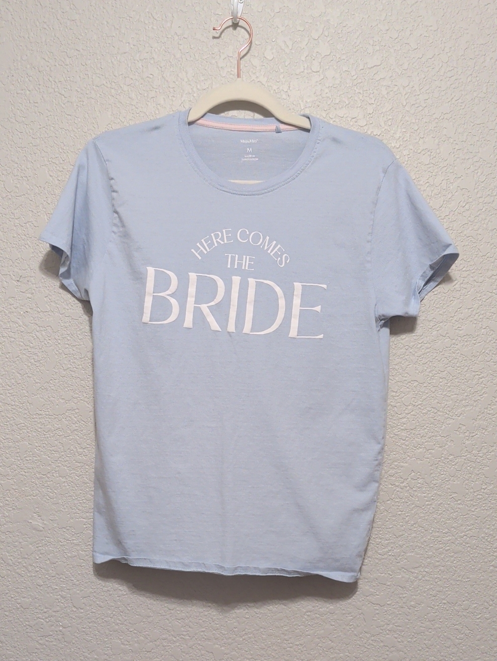 Miss to Mrs Here Comes The Bride baby blue t shirt